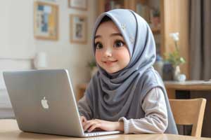 young girl hijab on laptop